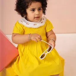 Sangria Girls Yellow Smocked and Embroidery Detail Dress-picture-16