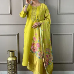 KALINI Women Floral Yoke Design Regular Thread Work Chanderi Silk Kurta with Trousers & With Dupatta-picture-18