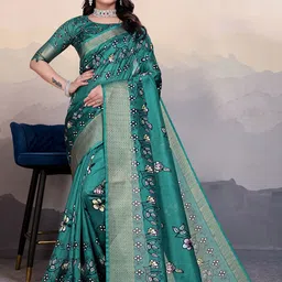 Sadika Floral Printed Zari Tussar Saree with Woven Jacquard Zari Border-image-61
