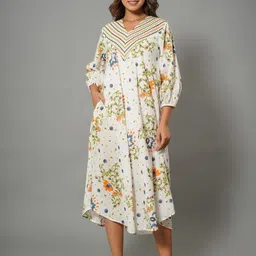 Zolo Label Women Elegant Floral Cotton Midi Dress with Embroidered V-Neck-image-63