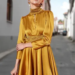 STYLECAST X KASSUALLY High Neck Cuffed Sleeves Satin Fit & Flare Dress-image-49