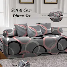 Aura Set Of 6 Grey & Pink Printed Geometric TC Cotton Diwan Set-6