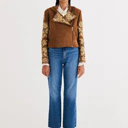 BETRUE Women Polycotton Longline Biker Jacket with Embroidered-image-45