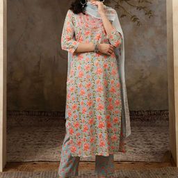 BANDIA Women Floral Printed Regular Sequinned Pure Cotton Kurta with Trousers & With Dupatta-image-20