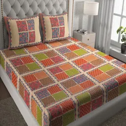 UNIQCHOICE Peach-Coloured Geometric Cotton 120 TC Queen Bedsheet Set 2.35 m x 2.15 m-3