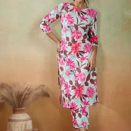 Women Basket Floral Printed Pure Cotton Notch Neck Straight Kurta With Trousers-picture-39