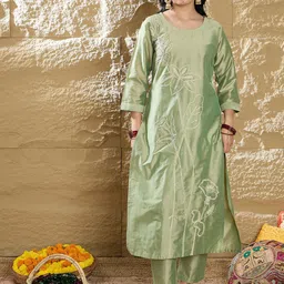Indo Era Women Floral Embroidered Regular Thread Work Kurta with Trousers-picture-28