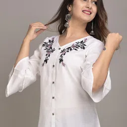 VYMO Women Embroidered V-Neck Bell Sleeves Longline Top-16