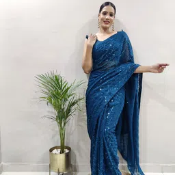 CLEMIRA Geometric Embroidered Sequinned Pure Georgette Saree-picture-11