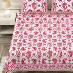 Aapno Rajasthan Pink & White Ethnic Motifs 144 TC King Bedsheet with 2 Pillow Covers-image-95