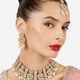 Zaveri Pearls Gold Plated Kundan Studded & Artificial Beaded Necklace & Earrings-picture-4