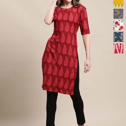 7Threads Selection Of 6 Floral Printed Round Neck Kurtas-image-14