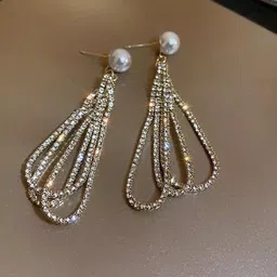 FIMBUL Gold-Plated Rhinestone Studded & Pearls Beaded Contemporary Drop Earrings-49