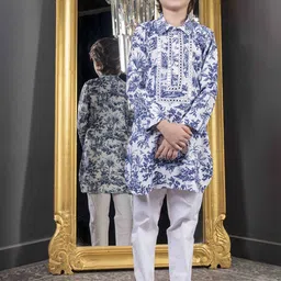 HOITY MOPPET Boys Ethnic Motifs Printed Shirt Collar Mirror Work Kurta With Trousers-image-7