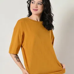 OWL MINK Drop-Shoulder Sleeves Pure Cotton Oversized Longline T-shirt-image-95