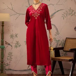 Shae by SASSAFRAS Floral Embroidered Velvet Kurta with Trouser-55