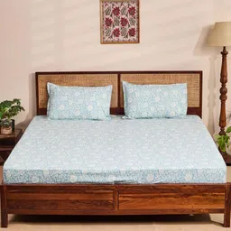 Fabindia Blue & White Floral Printed 144 TC Cotton King Bedsheet Set 2.35 m x 2.6 m-image-69