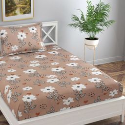Florida Camel Brown & White Floral Single Bedsheet with 1 Pillow Covers-picture-31