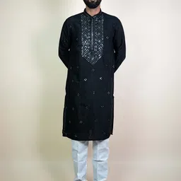 KUNDALI KAKSHAY Men Ethnic Motifs Embroidered Sequinned Regular Kurta with Churidar-picture-14
