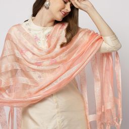 Dupatta Bazaar Peach-Coloured & Silver-Toned Striped Organza Dupatta image 3