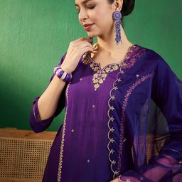 Sangria Purple & Gold Toned Zari Embroidered Straight Kurta With Trouser & Dupatta-34