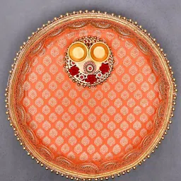 DecorTwist Peach Floral Decorative Pooja Thali With Roli Chawal Platter-image-89