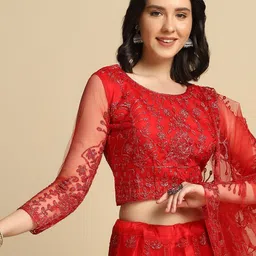 Warthy Ent Red Embroidered Thread Work Semi-Stitched Lehenga & Unstitched Blouse With Dupatta image 2