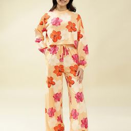 Lil Tomatoes Girls Peach Floral Printed Round Neck Pure Cotton Long Sleeves Night suit-picture-10