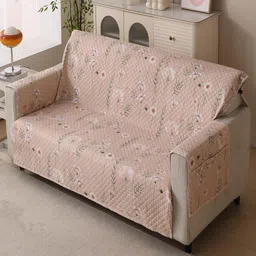 HOUSE OF QUIRK Three Seater Beige & White Printed Sofa Cover With Arms-picture-5