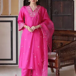 KALINI Floral Embroidered Sequinned Chanderi Silk A-Line Kurta With Trousers & Dupatta-50