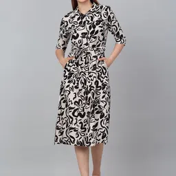 Cantabil Printed Fit & Flare Midi Spread Collar Casual Dress-26