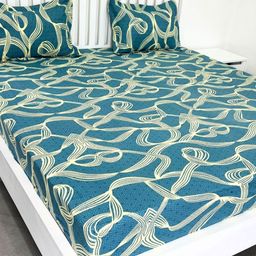 ohello Blue & Green Graphic 220 TC King Bedsheet with 2 Pillow Covers-11