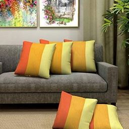 Blue Grass Yellow & Orange 5 Pieces Striped Velvet Square Cushion Covers-image-5