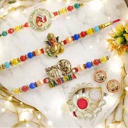 MEIRA JEWELLERY Set Of 3 Beaded Ganesha Rakhi Comes with Roli Chawal & Greeting Card-image-93