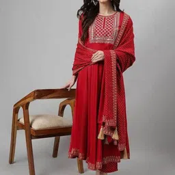 Rujave Floral Yoke Design Empire Sequinned Anarkali Kurta With Trouser & Dupatta-picture-9