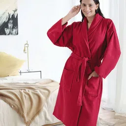 MYTRIDENT Unisex Red 240 GSM Pure Cotton Bath Robe-9