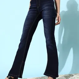 DOLCE CRUDO Women Deep Navy Blue Mid-Rise Bootcut Fit Stretchable Jeans-image-83