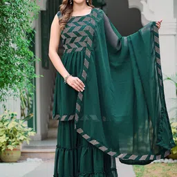 GRISHU COLLECTION Geometric Embroidered Empire Silk Georgette Kurta With Sharara & Dupatta-31