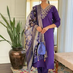 KALINI Floral Embroidered Thread Work V-Neck Chanderi Silk Kurta with Trousers & Dupatta-image-42
