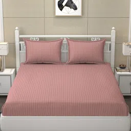Bromwick Peach-Coloured Striped 250 TC King Bedsheet with 2 Pillow Covers-picture-5
