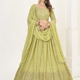 SHOPGARB Floral Embroidered Semi-Stitched Lehenga & Unstitched Blouse With Dupatta-image-69
