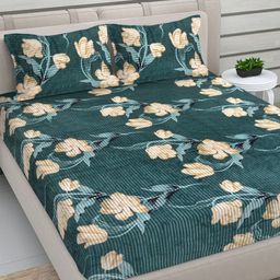 Myntra Elegant Homes Green & Beige Printed Woollen 300 TC King Bedsheet Set 2.5 m x 2.25 m-image-7