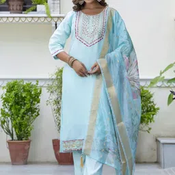 Peach Petals Women Ethnic Motifs Embroidered Pure Cotton Kurta with Palazzos & Dupatta-13