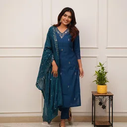 KALINI Floral Embroidered Regular Sequinned Kurta With Trouser & Dupatta-25