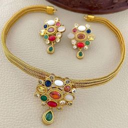 Rujve Jewellery Gold-Plated Stone-Studded & Beaded Jewellery Set-image-76