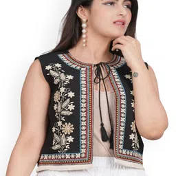 Prijam Floral Embroidered Crop Tie-Up Neck Open Front Cotton Jacket-image-50