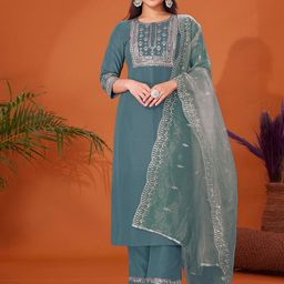 KALINI Women Ethnic Motifs Yoke Design Regular Sequinned Kurta with Trousers & With Dupatta-image-9