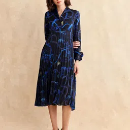 RAREISM Women Printed Shirt Collar Fit & Flare Pleated Midi Dress-image-58