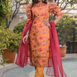 AKS Floral Printed Regular Chanderi Silk Straight Kurta with Trousers & Dupatta-image-87