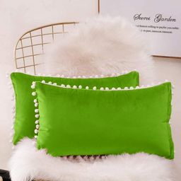 Cottonfry Green & White 2 Pieces Velvet Rectangle Cushion Covers-image-100